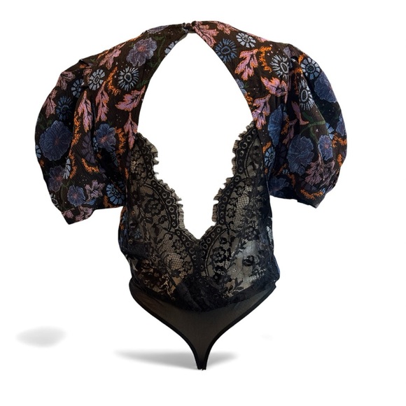 Free People Bodysuit XS • Floral Puff Sleeve Lace Trim Boho Top - Picture 4 of 4